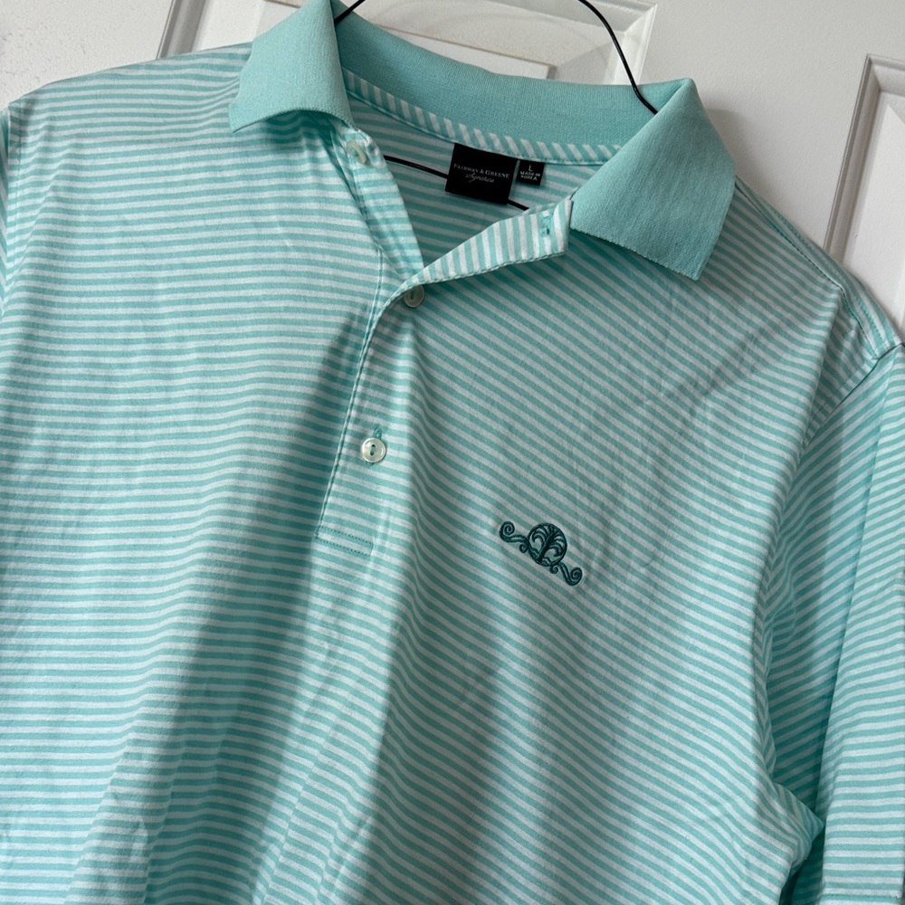 Fairway & Greene Light Blue/Green Striped Polo - Picture 2 of 6
